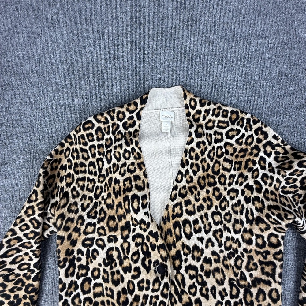 Chicos Cardigan Sweater Womens 2 Brown Leopard Print Button Front Stretch Knit - Picture 5 of 12